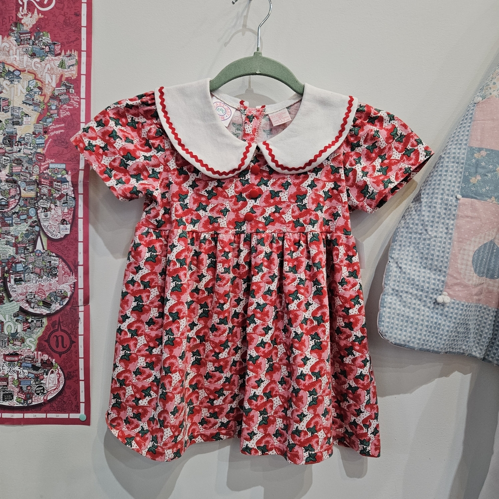 Vintage Strawberry Print Red and Green Kids Dress with White Collar
